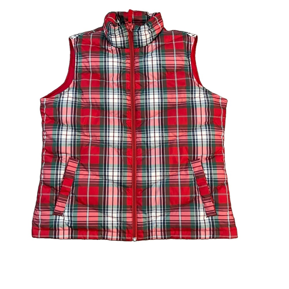 Lands End Women's Tartan Plaid Puffer Vest Medium Petite Down Feathers